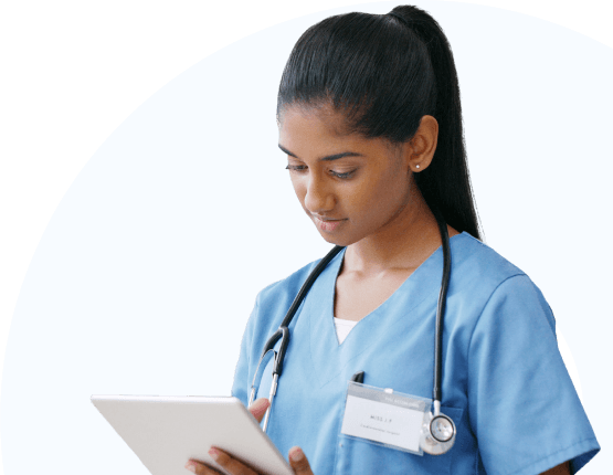 Healthcare professional viewing PocketHealth on a tablet